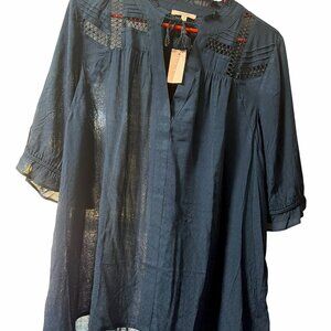maurices Boho Lace Blouse Blue Size 0 Loose Fit Tassel Neck 3/4 Sleeve